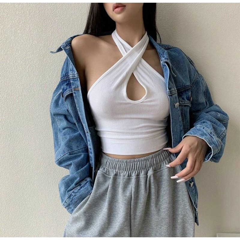 Áo yếm croptop chéo cổ giọt nước sang chảnh