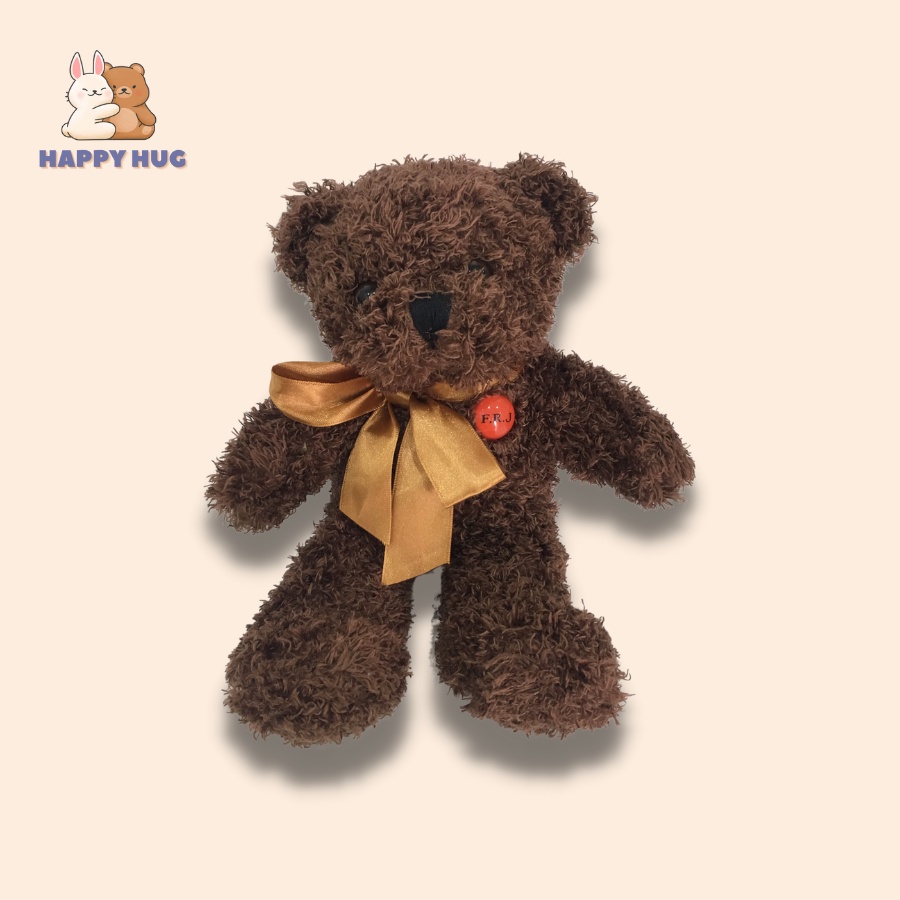 Gấu bông xù size nhỏ 25 cm xinh xắn, dễ thương, mềm mịn, đính nơ lụa, thú nhồi bông cao cấp - Happy Hug