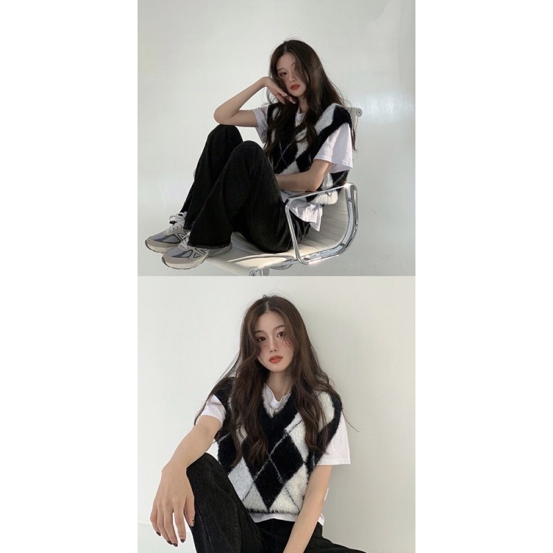[HÀNG ORDER] Áo khoác gile len cộc tay Rox hoạ tiết hình thoi style Hàn Quốc