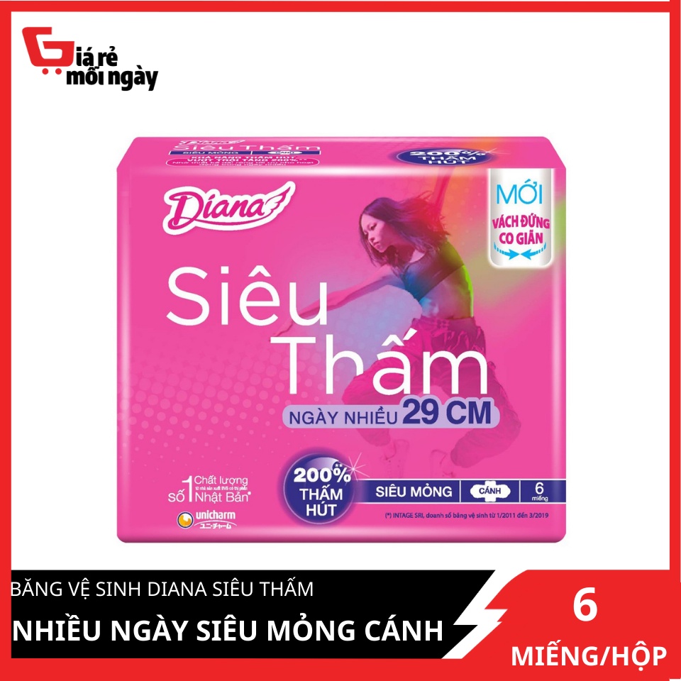 Băng vệ sinh Diana Siêu Thấm Nhiều Ngày Siêu Mỏng Cánh 29cm 6 miếng/gói