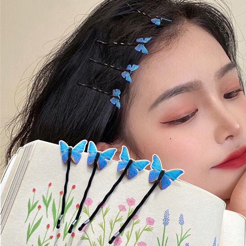 Bộ 4 Kẹp Tóc Hình Bướm Xanh Dương Kiểu Vintage Thời Trang Cho Nữ