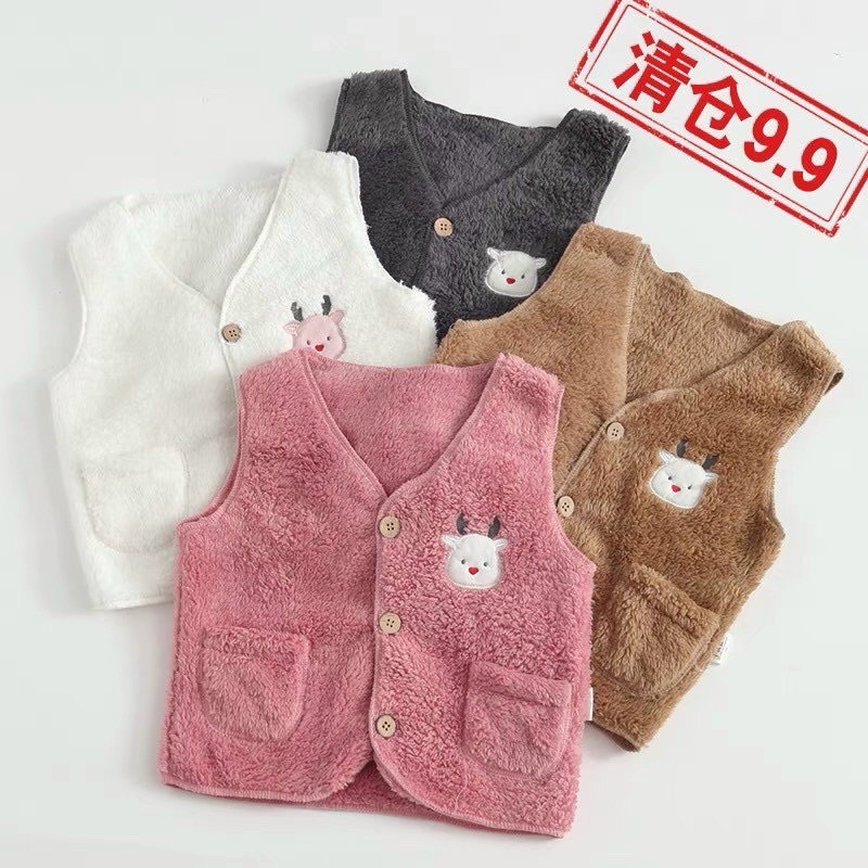 Áo Khoác Gilê Lông Thỏ Siêu mềm Mịn Thêu 2 Túi Cực Dễ Thương Cho Bé