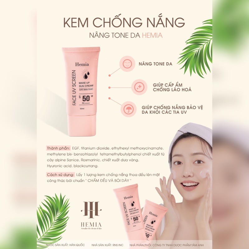 Kem chống nắng Hemia dưỡng trắng make up bảo vệ da chống lão hoá-da dầu, da mụn, da khô, da thường- Hàn Quốc