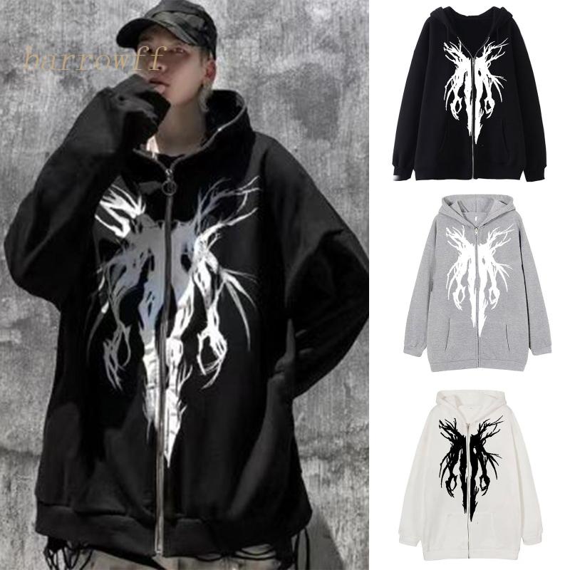 Brroa Áo Khoác Hoodie Dáng Rộng Có Khóa Kéo In Họa Tiết Phong Cách Punk Gothic Harajuku Dành Cho Nam Nữ
