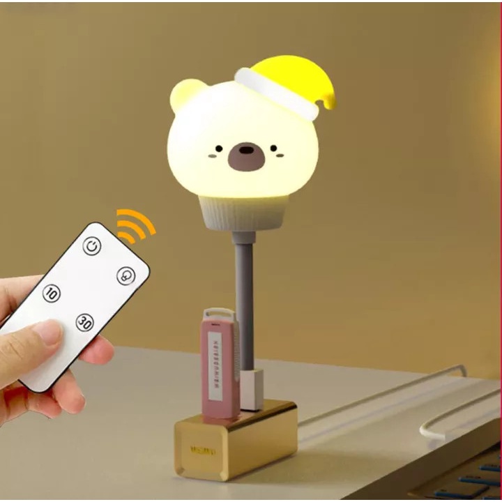 Đèn ngủ cắm điện USB hoặc sạc dự phòng cảm ứng 3 mức sáng có điều khiển hẹn giờ gấu thỏ