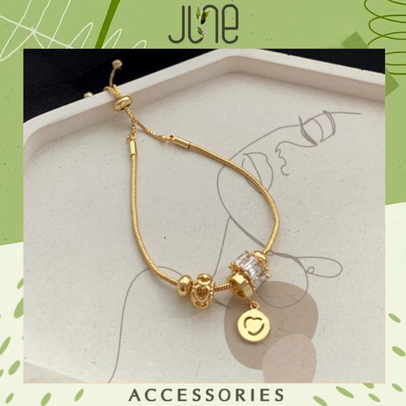 Lắc tay hạt Charm đính đá zircon JUNE có mặt trái tim Vòng tay nữ mặt hạt charm có chốt điều chỉnh kích thước thông minh