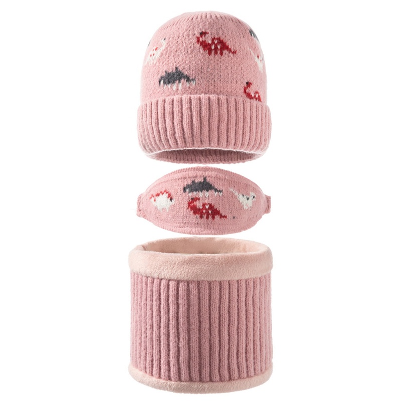 Bộ 3 Món Gồm Mũ beanie Dệt Kim Che Mặt Và Khăn Choàng Cổ Hình Khủng Long Giữ Ấm Mùa Đông Cho Bé