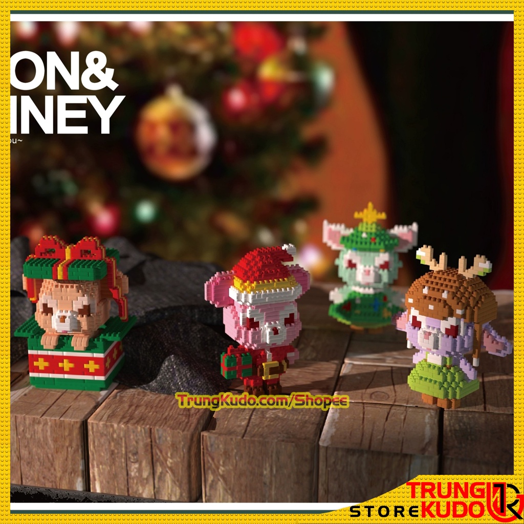 Mô hình Thỏ Stella Lou Phiên Bản Noel Và Gấu Disney Merry Christmas dạng đồ chơi xếp hình làm quà tặng, đồ decor