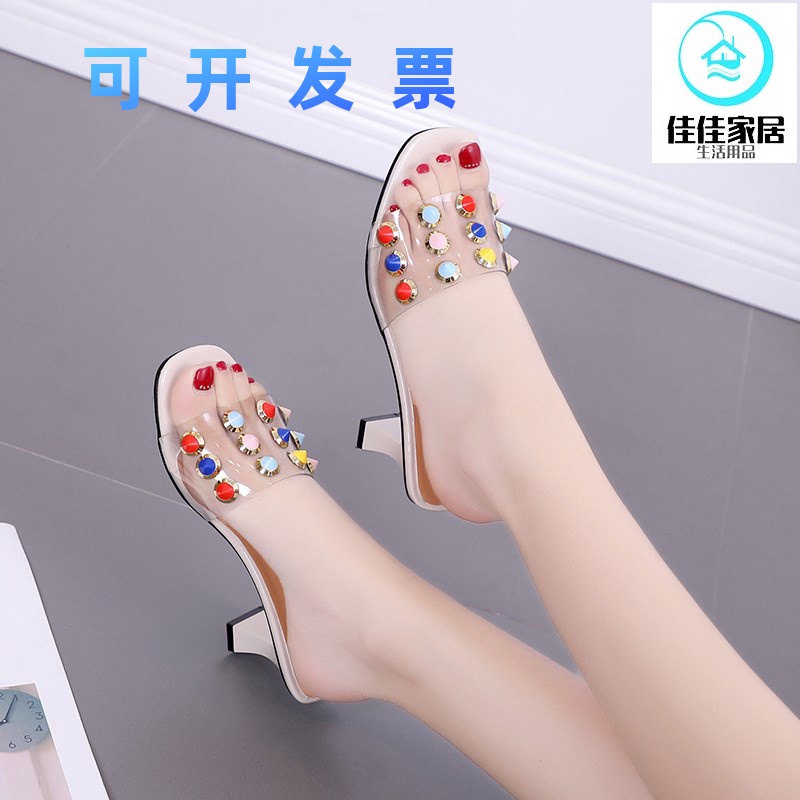 ♤¤☑Slippers Women s Summer Outing Wear Personality Korean Open-toed Transparent One-Piece Drag All-match Willow Nail High Heels Thick Heel Sandals