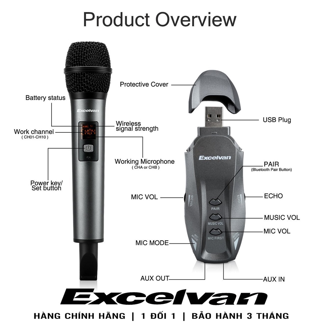 Mic Hát Trên Xe Ôto, Micro Karaoke không dây Excelvan K18V 01 mic VHF - Chính Hãng