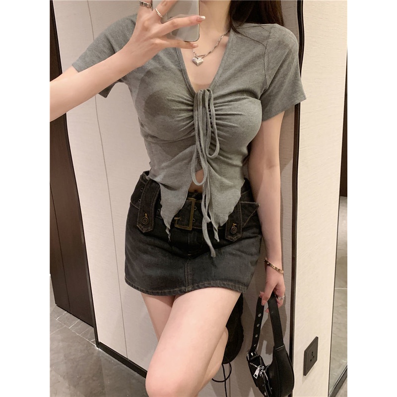 Áo Croptop Cổ Chữ V Phối Dây Rút Thời Trang Cho Nữ JH-TX-264