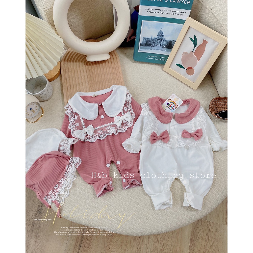 Body ren nơ kèm mũ xinh xắn bé gái