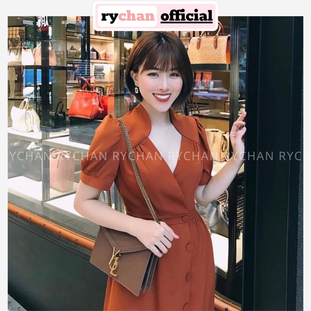 Đầm Váy Nữ Dự Tiệc Cổ Úp Tay Phồng Nút Trước Bo Eo Cực Quyến Rũ Màu Cam Trắng Vàng [ẢNH THẬT CUỐI] - DX9869
