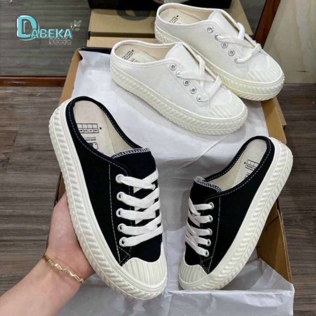 Giày Sục Thể Thao Nữ Hở Gót Ny Vải Thể Thao Đế Độn 4Cm Hothit - Giày Lười Đạp Gót Mlb Nữ Thêu Chữ N - Dabeka - D016