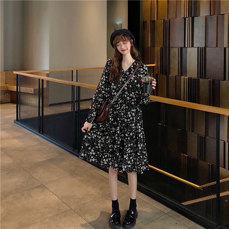 Xiaozhainv Váy tay dài cổ chữ V họa tiết hoa thời trang phong cách Hàn Quốc cho nữ | BigBuy360 - bigbuy360.vn