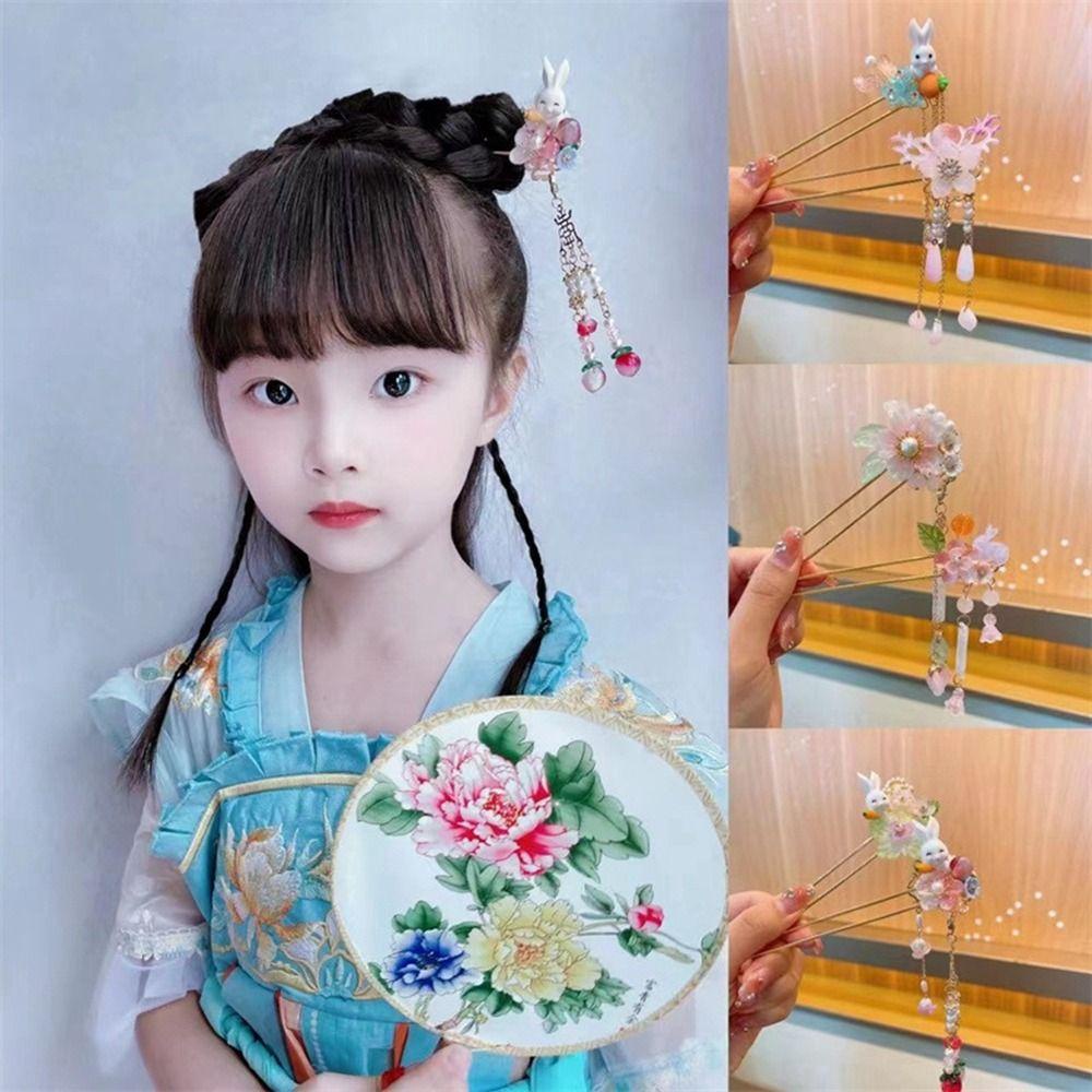 Trâm Cài Tóc Chữ U Phối Tua Rua Hình Thỏ Dễ Thương Phong Cách Trung Hoa Cổ Điển