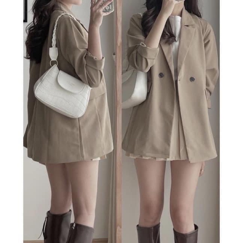 Áo Blazer nữ 2 lớp bacsic tone be - đen dễ mix, Áo blazer cổ vest bacsic