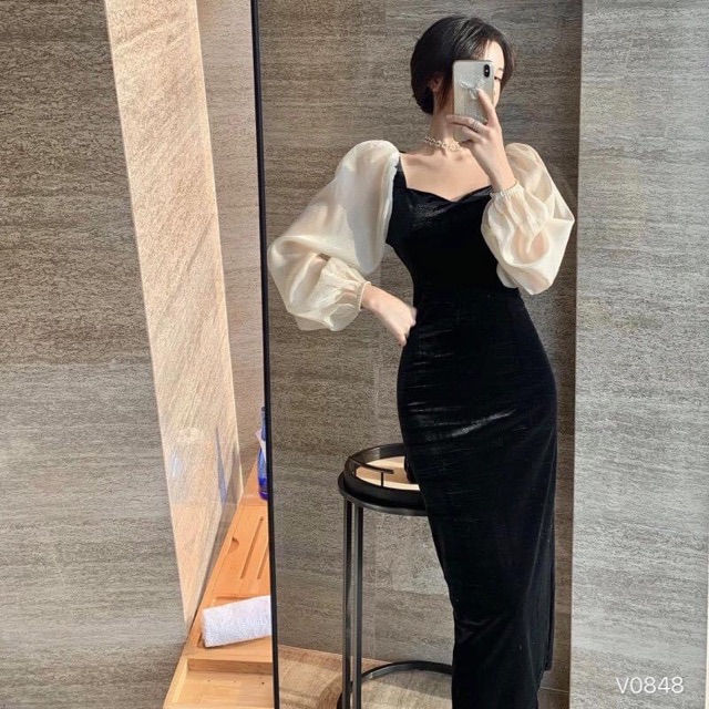 Váy nhung tay voan bồng