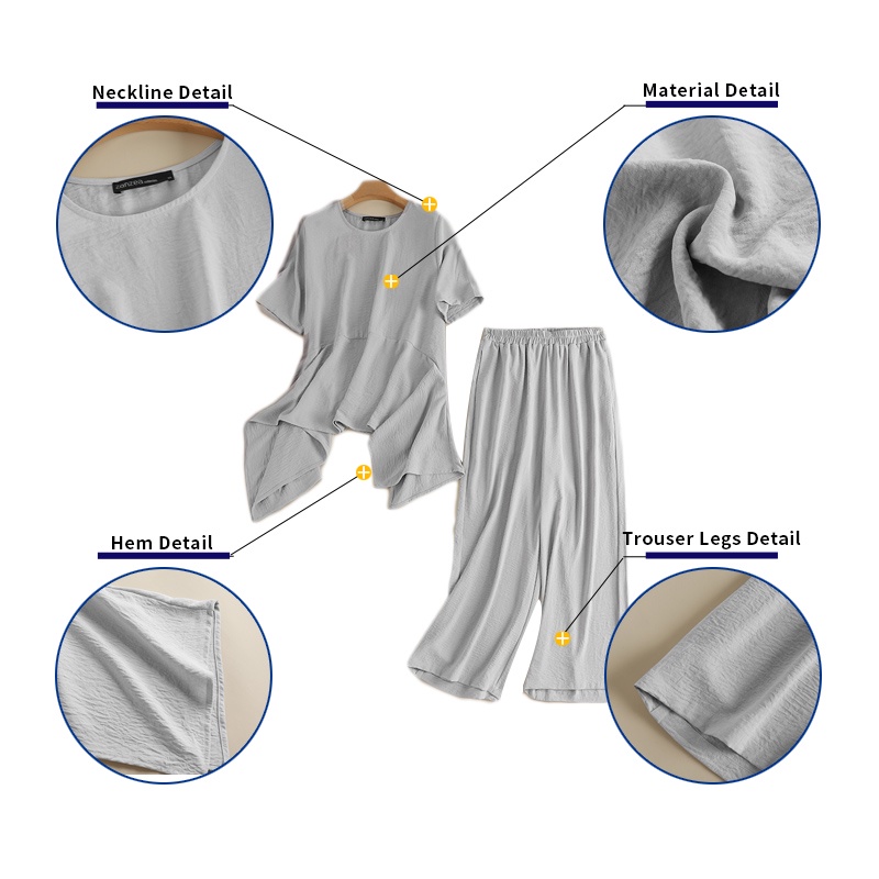 Set quần áo Zanzea gồm áo tay ngắn cổ tròn vạt lệch + quần ống rộng lung thun phong cách Hàn Quốc cho nữ