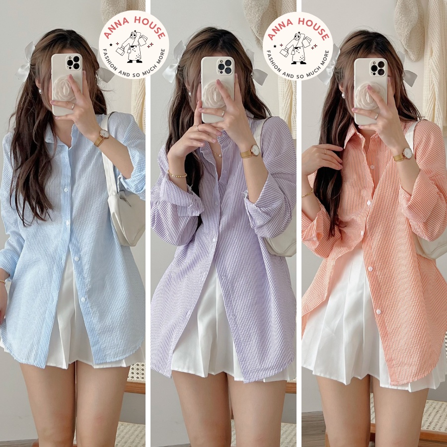 Áo sơ mi nữ dài tay form rộng kẻ caro chất xốp không nhăn màu pastel, Áo sơ mi nữ kẻ sọc oversize dài tay basic