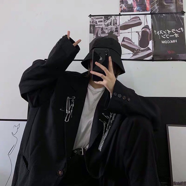 [ ORDER ] Áo blazer đen kèm phụ kiện chuỗi + ghim băng unisex Ulzzang siêu chất