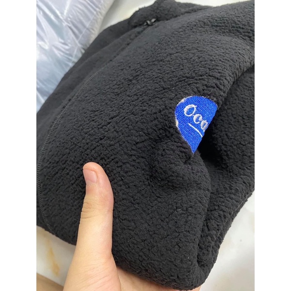 Áo khoác hoodie lông có mũ dài tay bồng nữ màu đen logo màu xanh