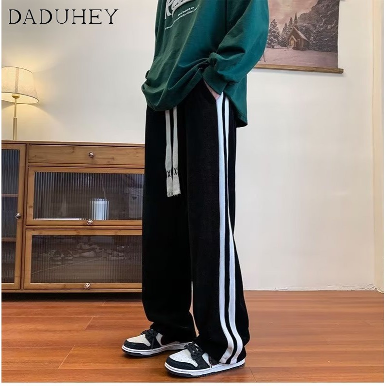 DaDuHey Men's Autumn Fashion Brand Loose Striped Casual Pants Ins Corduroy Straight Wide Leg Sports Pants