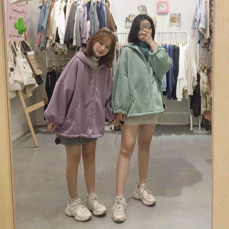 Áo khoác nỉ jacket có nón màu pastel form rộng - T0NC5P