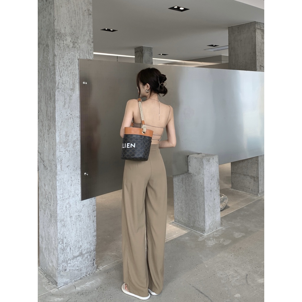 SUXI Quần Dài Lưng Cao Ống Rộng Màu Sắc Đơn Giản Phong Cách Hàn Quốc Cho Nữ