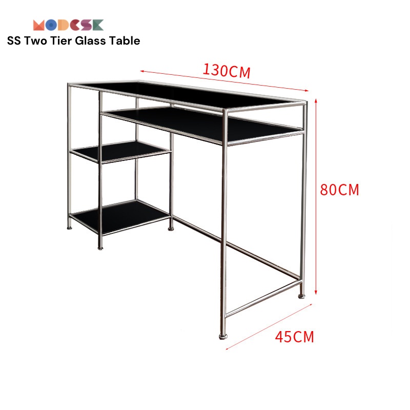 Bàn Studio làm lviệc Modesk SS Two Tier Glass Table khung inox 304, ván MFC An Cường, kính cường lực