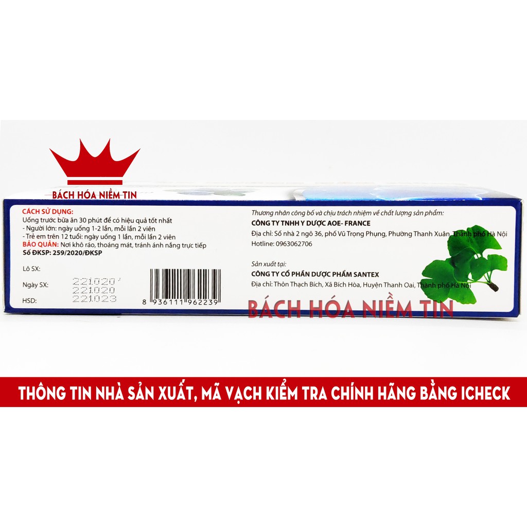 Hoạt huyết An Dưỡng Não Ginkgo Biloba 360mg giảm đau đầu, hoa mắt, chóng mặt, rối loạn tiền đình - Hộp 30 viên