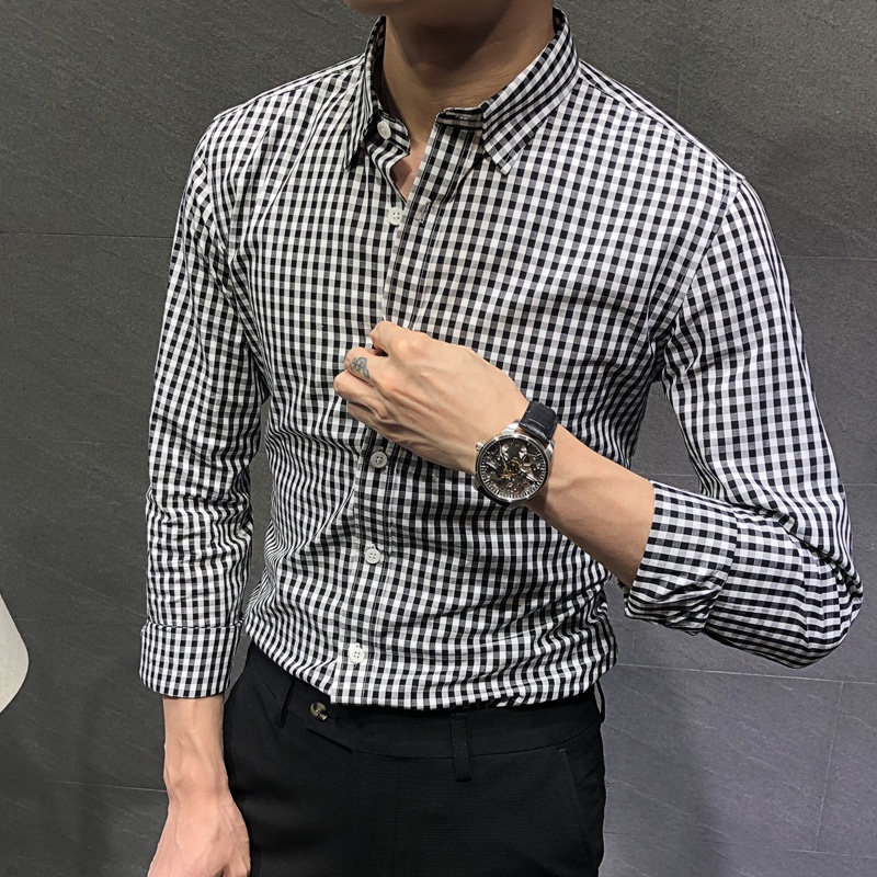 Áo sơ mi nam kẻ sọc caro tay dài , dáng công sở Hàn Quốc form ôm phối họa tiết cao cấp Đen , Trắng