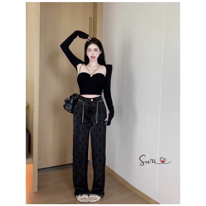 Quần suông lụa chữ nhung lưng cao siêu tôn dáng, Quần suông hottrend chất lụa phối chữ nhung