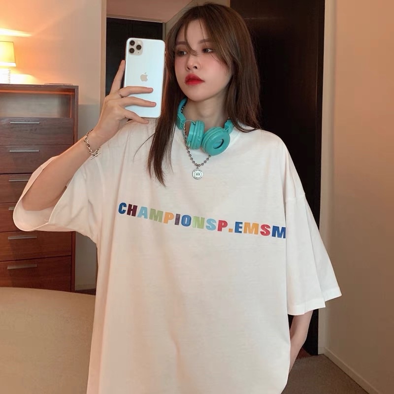 [ Ảnh Thật ] Áo thun tay lỡ phông rộng Ulzzang hoạ tiết in chữ Championsp - Unisex nam nữ đều mặc được