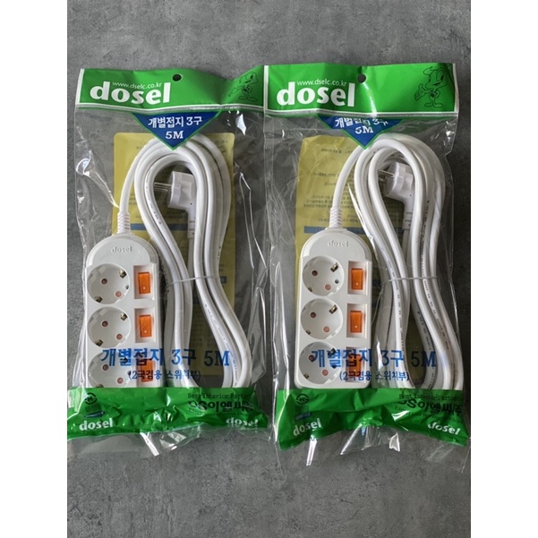 Ổ cắm điện Hàn Quốc Dosel chống giật 3 lỗ 3 công tắc dây dài 5m tự động ngắt điện khi quá tải