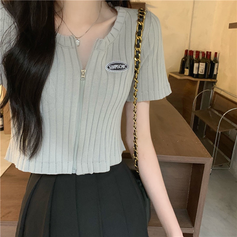 Áo Thun Tay Ngắn Dệt Kim Có Khóa Kéo Thời Trang Mùa Hè Phong Cách Mới Cho Nữ