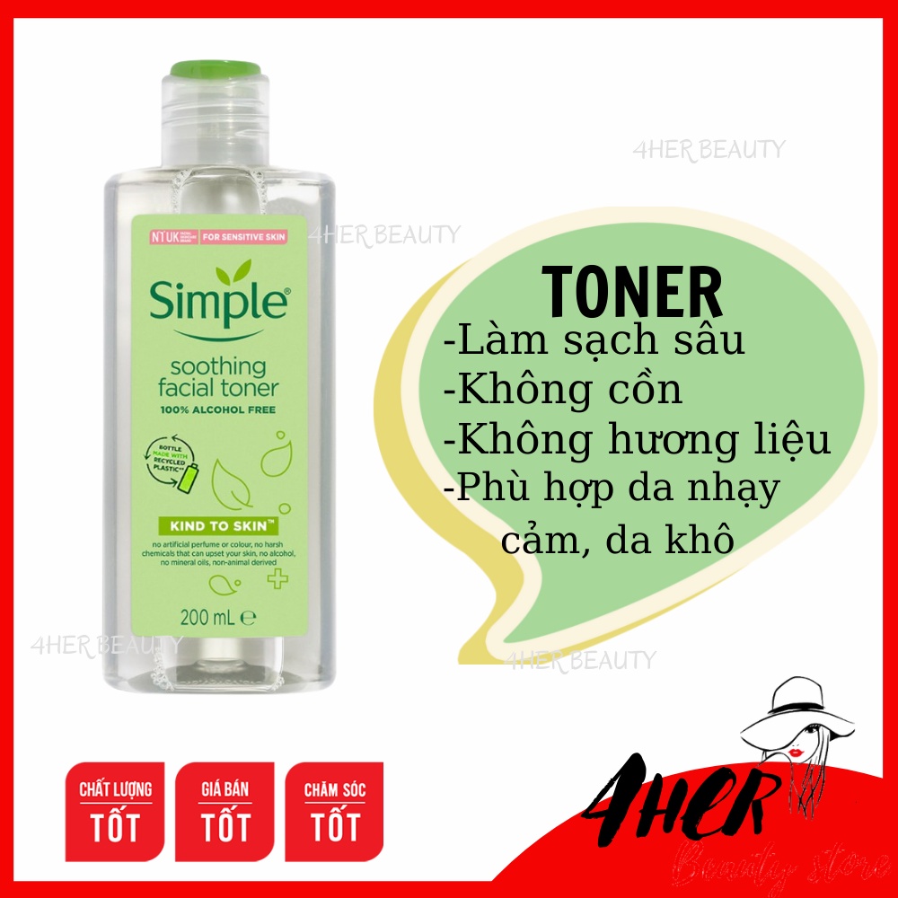 NƯỚC HOA HỒNG Simple Không Cồn, Cân Bằng Da Dịu Nhẹ Kind To Skin Soothing Facial Toner 200ml