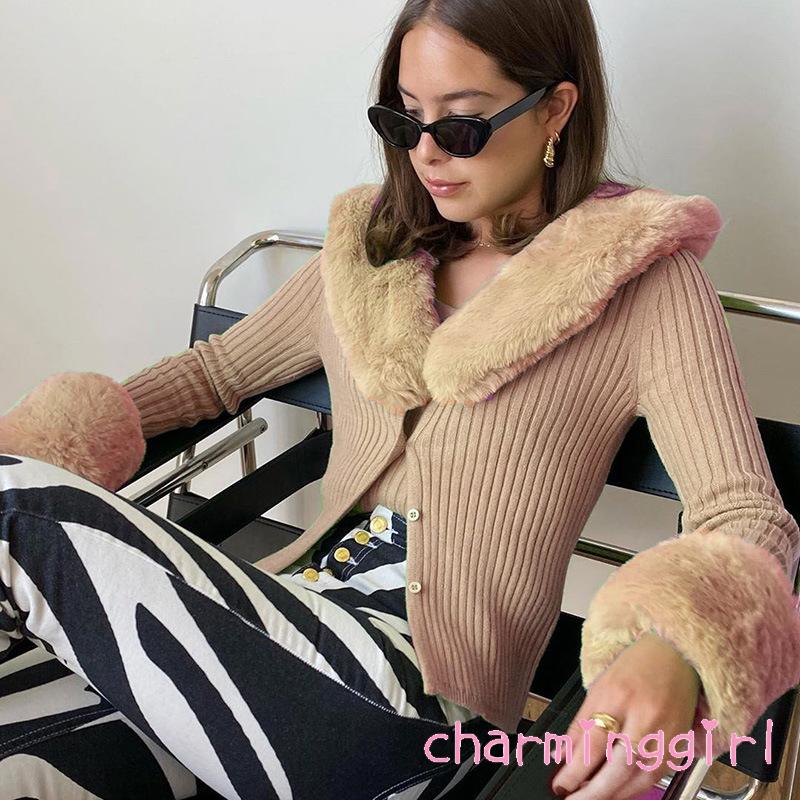 Áo Khoác Cardigan Cổ Chữ V Dáng Ôm Tay Dài Cổ Đính Lông Thú Giả Cài Khuy Thời Trang Thường Ngày Cho Phụ Nữ