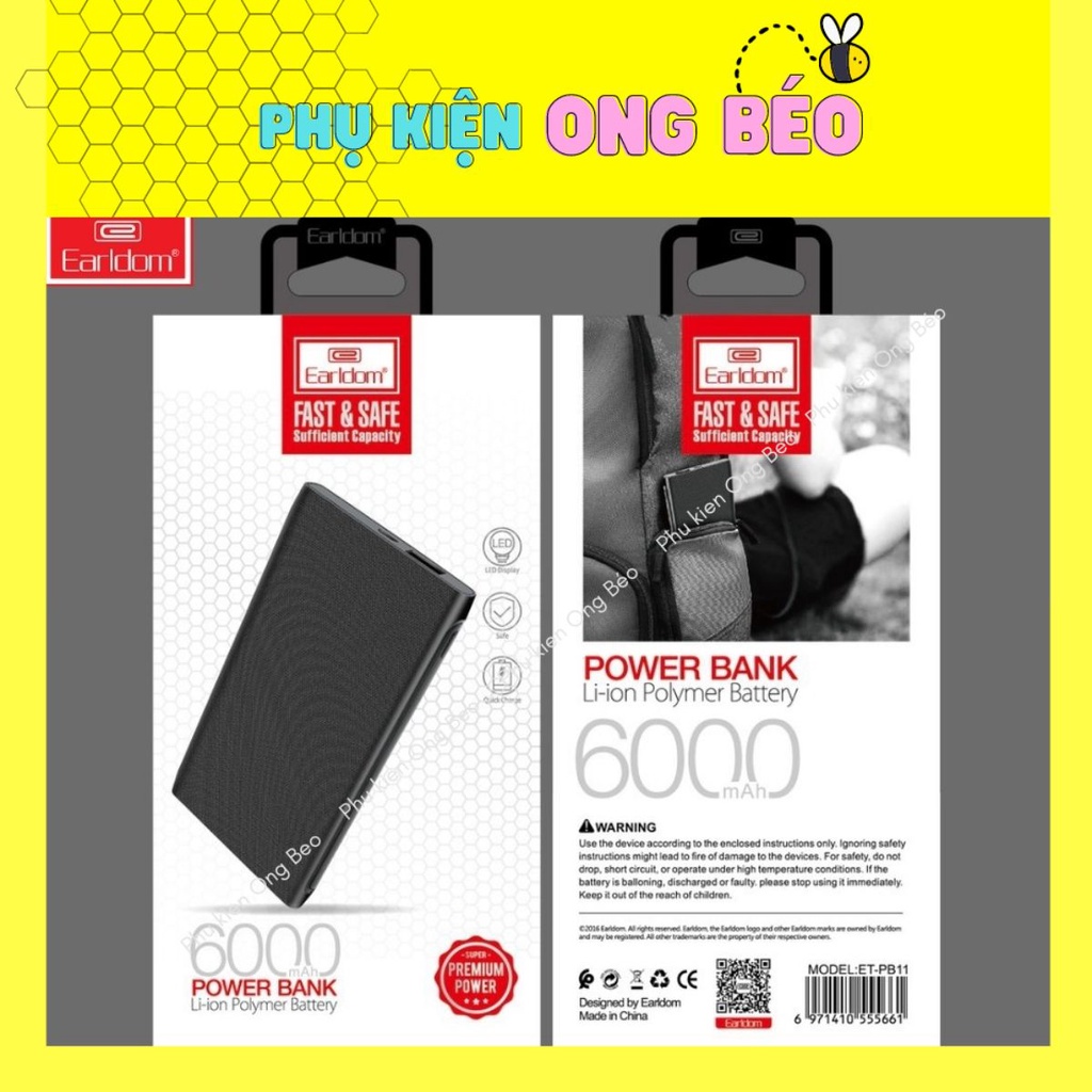 Sạc dự phòng Earldom đen 6.000mAh PB11 nhỏ gọn - Beetechvietnam