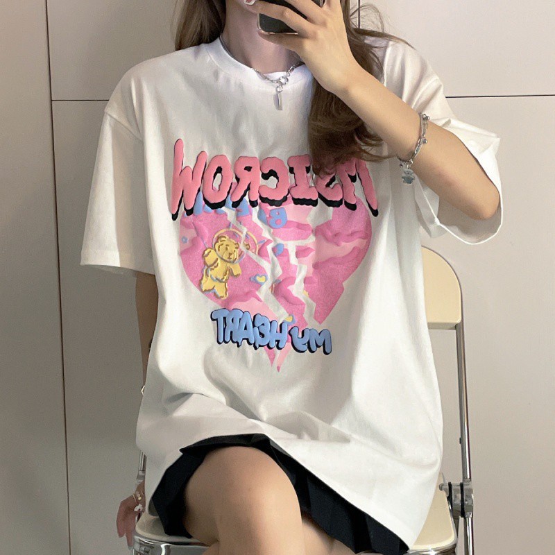 Áo thun tay ngắn in hoạt hình dáng rộng kiểu Hàn Quốc cho nữ