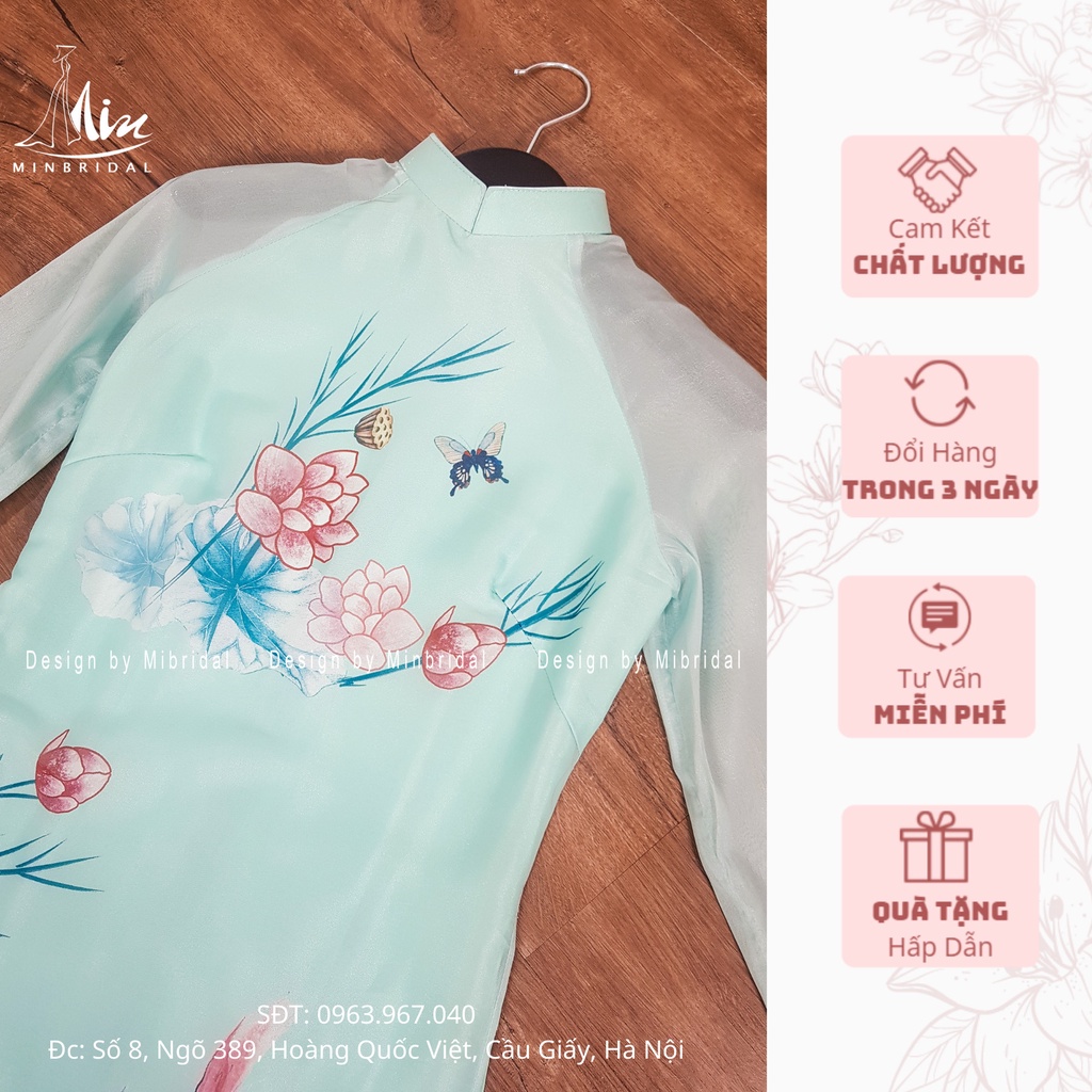 Áo dài tết màu xanh nhạt, 4 tà cổ vuông 2cm chất liệu voan tơ óng in hoa văn | BigBuy360 - bigbuy360.vn