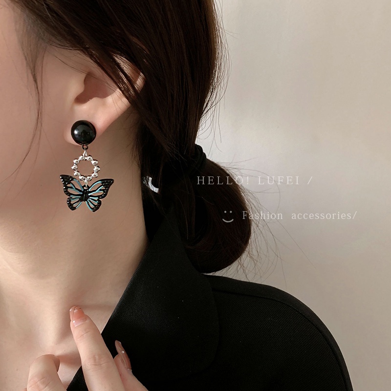 MOCHASHUBông tai dáng dài mặt hình bướm màu đen phong cách Hàn Quốc retro