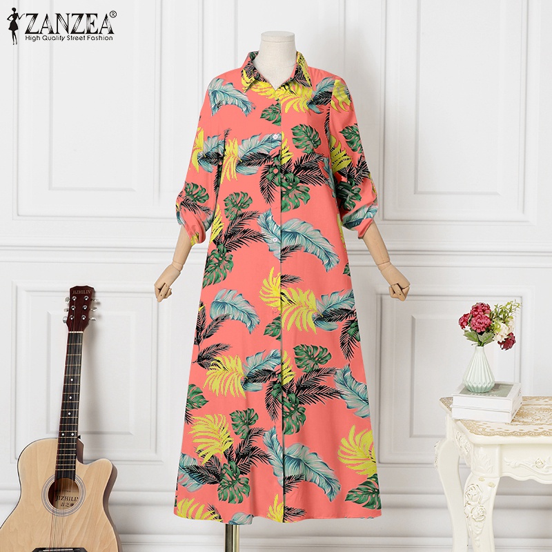 Đầm dài Zanzea dáng rộng tay dài in họa tiết lá thời trang cho nữ