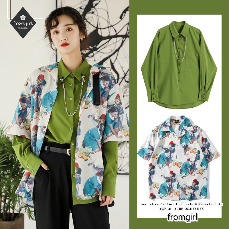 Áo Sơ Mi Cổ Tròn Tay Dài Dáng Rộng Màu Xanh Lá Thời Trang Mùa Xuân Phong Cách Retro 2022 Dành Cho Nữ