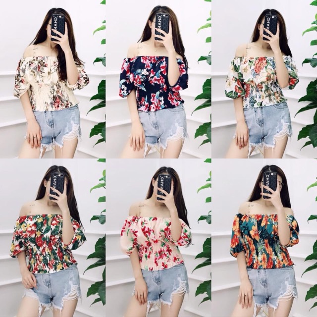 Áo hoa croptop trễ vai