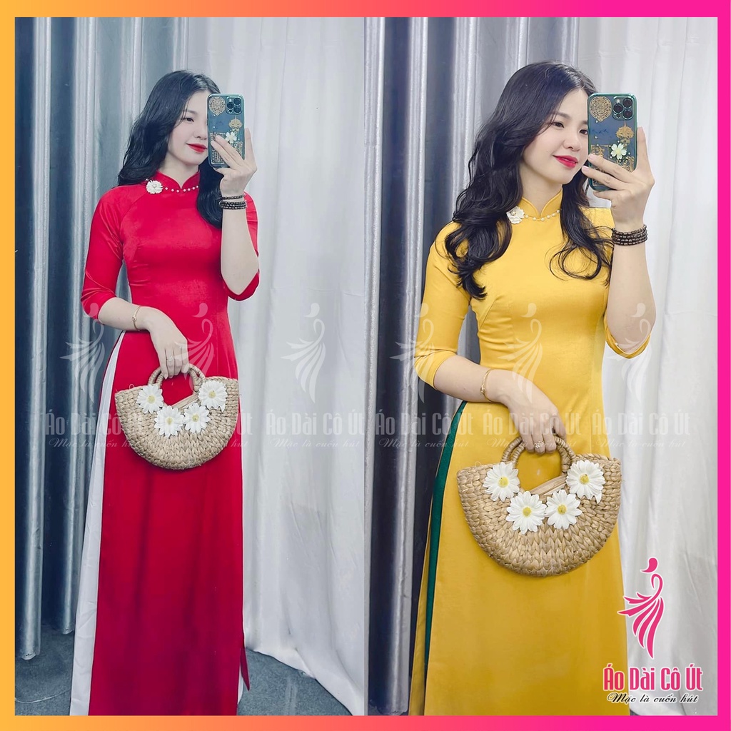Áo dài nữ truyền thống cổ cao đính hoa vải lụa tây thi