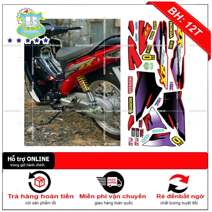( Quí khách vui lòng mang ra tiệm cho thợ dán ) Tem honda wave ZX đỏ đen