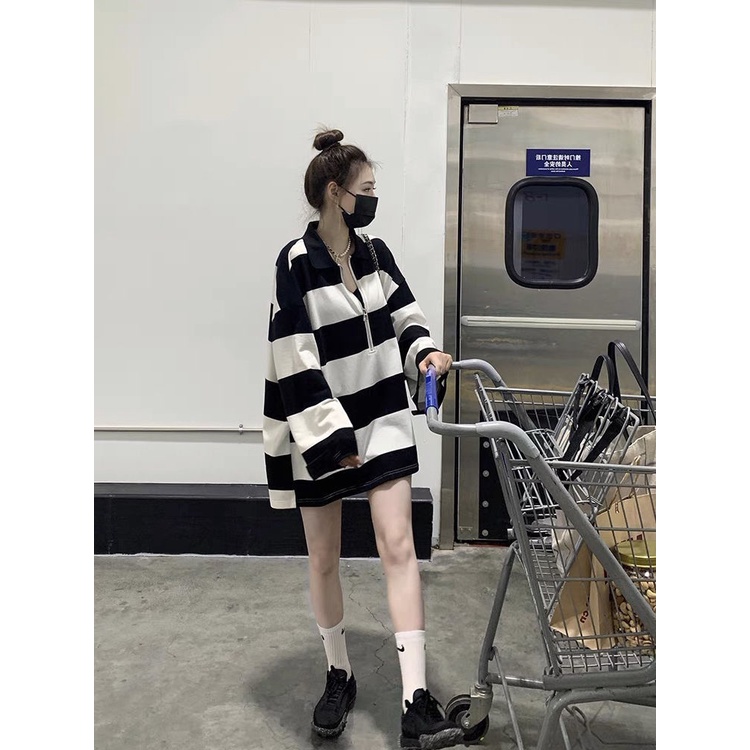 Áo Sweater Cổ polo Dáng Rộng Kẻ Sọc Kiểu Hàn Quốc Thời Trang Cho Nam Và Nữ