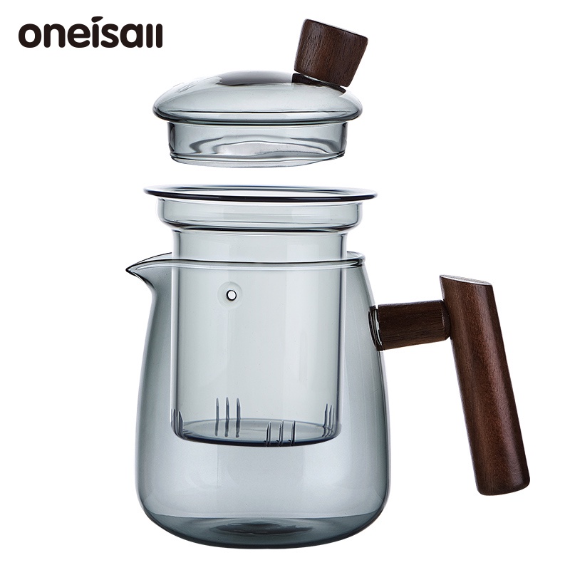 Bình trà thủy tinh Oneisall bằng thủy tinh có tay cầm bằng gỗ chống nhiệt 480ml