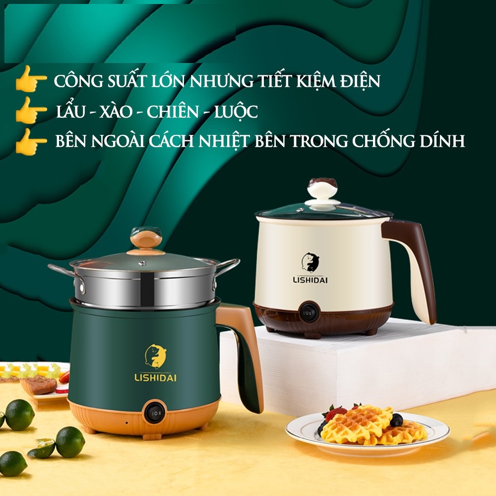 Nồi điện mini 2 tầng đa năng mini nấu cơm lẩu cháo chiên xào dung tích 1.8L hàng chính hãng bảo hành 24 tháng